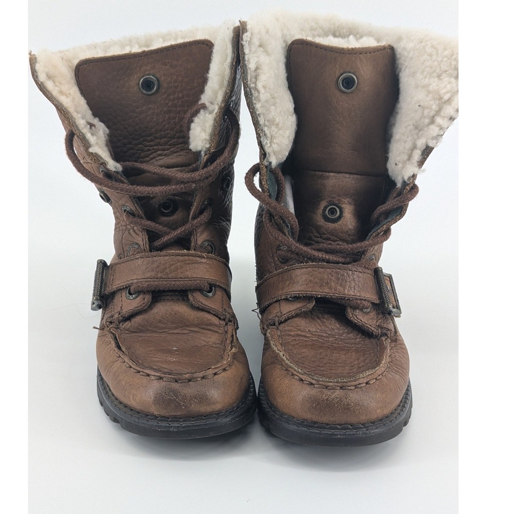 Polo Ralph Lauren Kids Brown Leather Shearling Fold Over Lace Up Boots